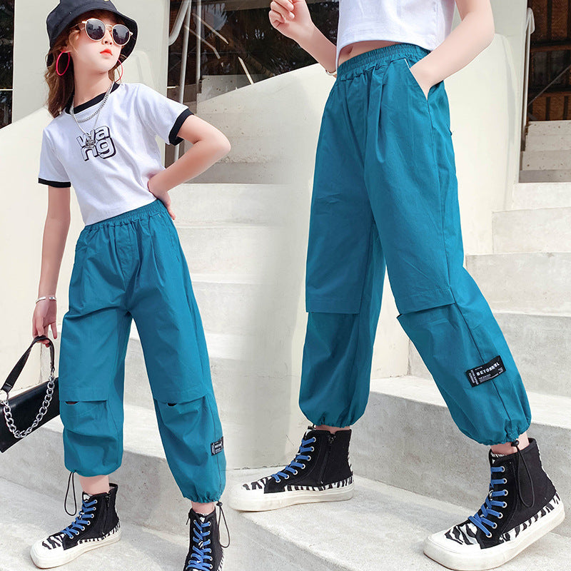 Short-sleeved Round Neck Pullover Korean Version Of The Solid Color Little Girl Mid-waist Pants Suit