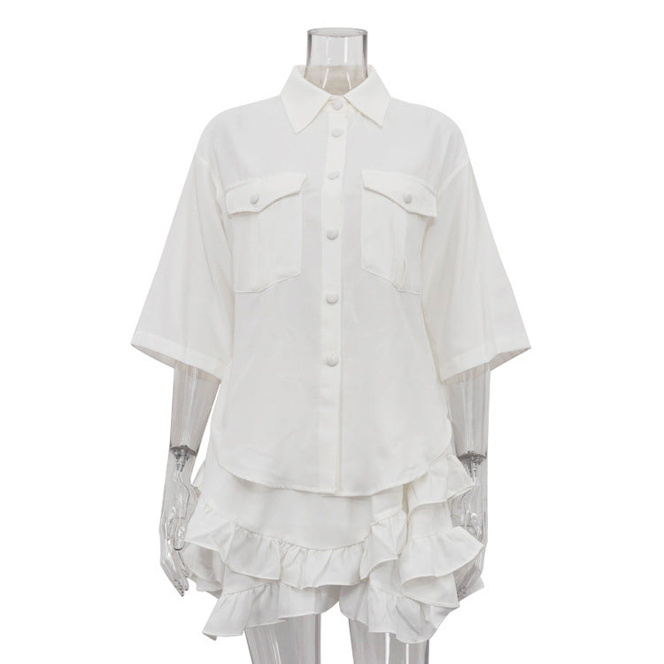 Ruffled Tiered Skirt Lapel Short-sleeved Shirt Two-piece Set
