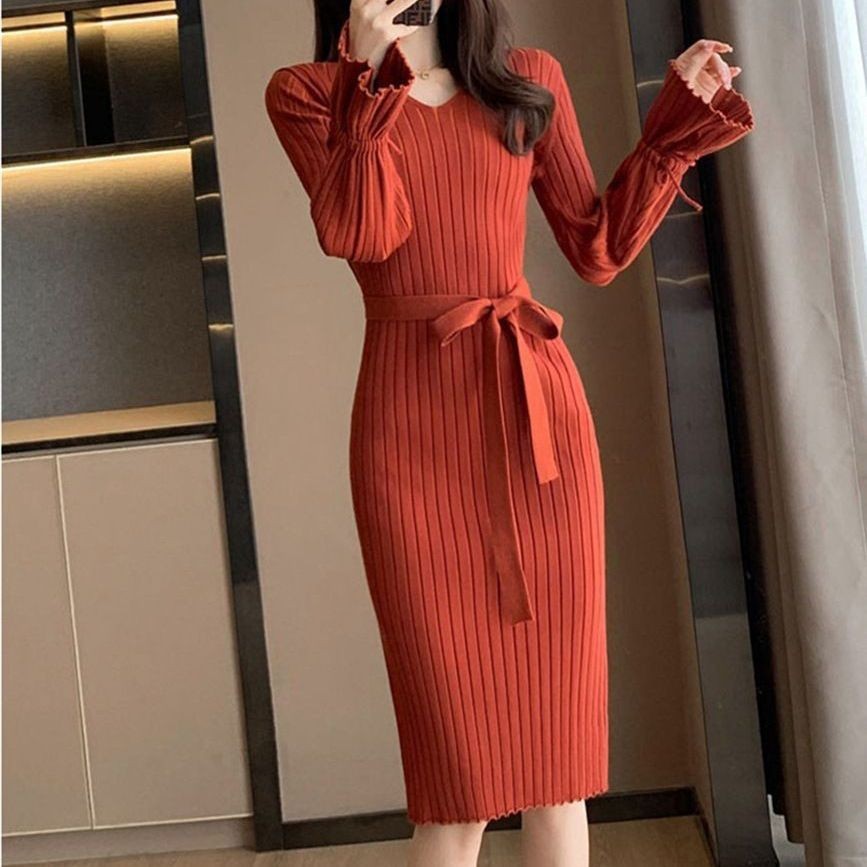 Bell Sleeve Solid Color Knitted Dress Autumn And Winter