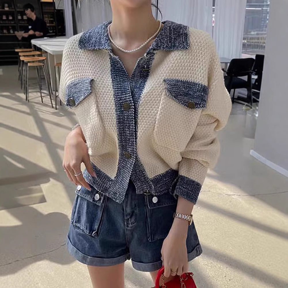 Niche Retro Lapels Double Pocket Color Contrast Patchwork Versatile Long Sleeve Knitted