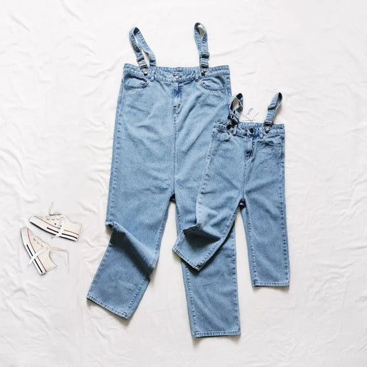 Family Look Matching Outfits Denim Overalls Mother Kids Pants Casual