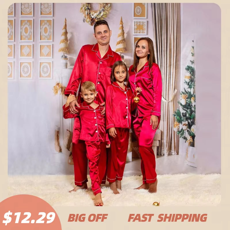 Christmas Satin Pajamas Family Matching Outfits Xmas Sleepwear Shirts Pants Set for Family Navidad Pijamas Navidad Para Familias