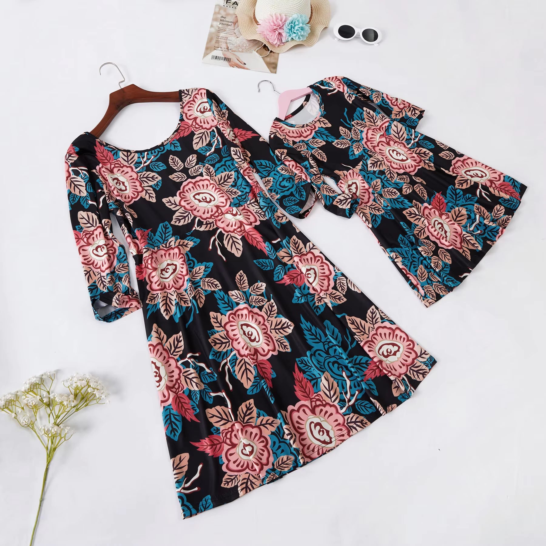 Mother and Daughter Matching Dress Three Quarter Spring Floral Mini Me Family Matching Outfits Mom and Daughter Clothes