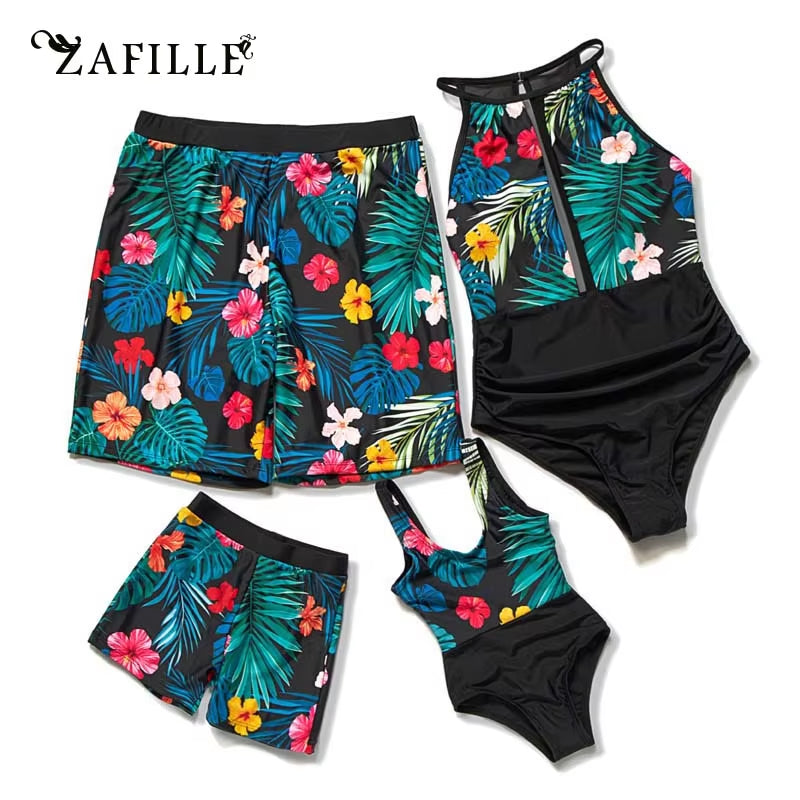 Family Swimwear Men Swim Family Swimsuit Women Floral Transparent Swimsuit Mesh Boy Beach Shorts Women Girls Swimwear
