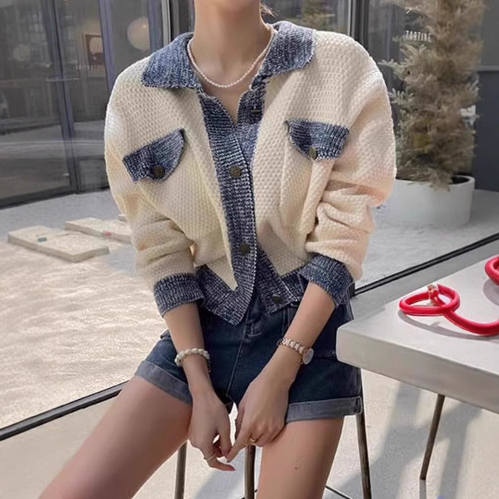 Niche Retro Lapels Double Pocket Color Contrast Patchwork Versatile Long Sleeve Knitted