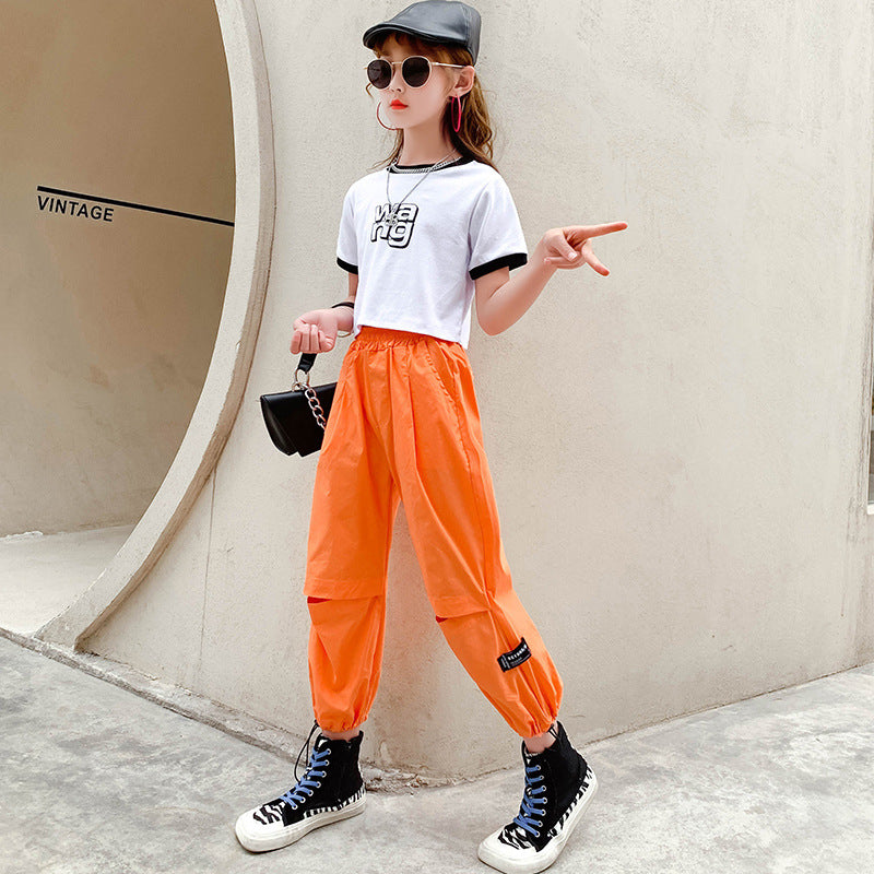 Short-sleeved Round Neck Pullover Korean Version Of The Solid Color Little Girl Mid-waist Pants Suit