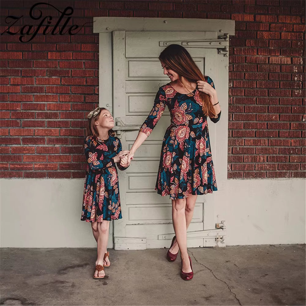 Mother and Daughter Matching Dress Three Quarter Spring Floral Mini Me Family Matching Outfits Mom and Daughter Clothes
