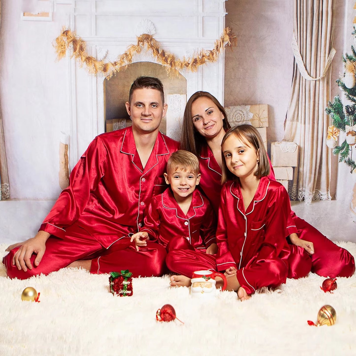 Christmas Satin Pajamas Family Matching Outfits Xmas Sleepwear Shirts Pants Set for Family Navidad Pijamas Navidad Para Familias