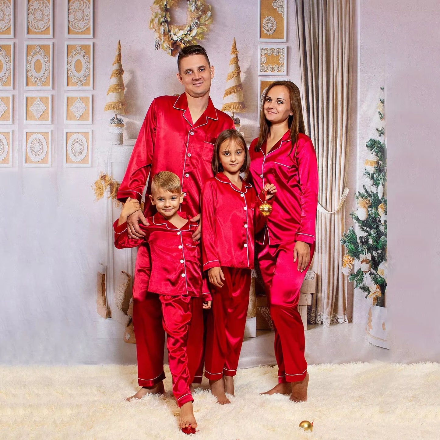 Christmas Satin Pajamas Family Matching Outfits Xmas Sleepwear Shirts Pants Set for Family Navidad Pijamas Navidad Para Familias
