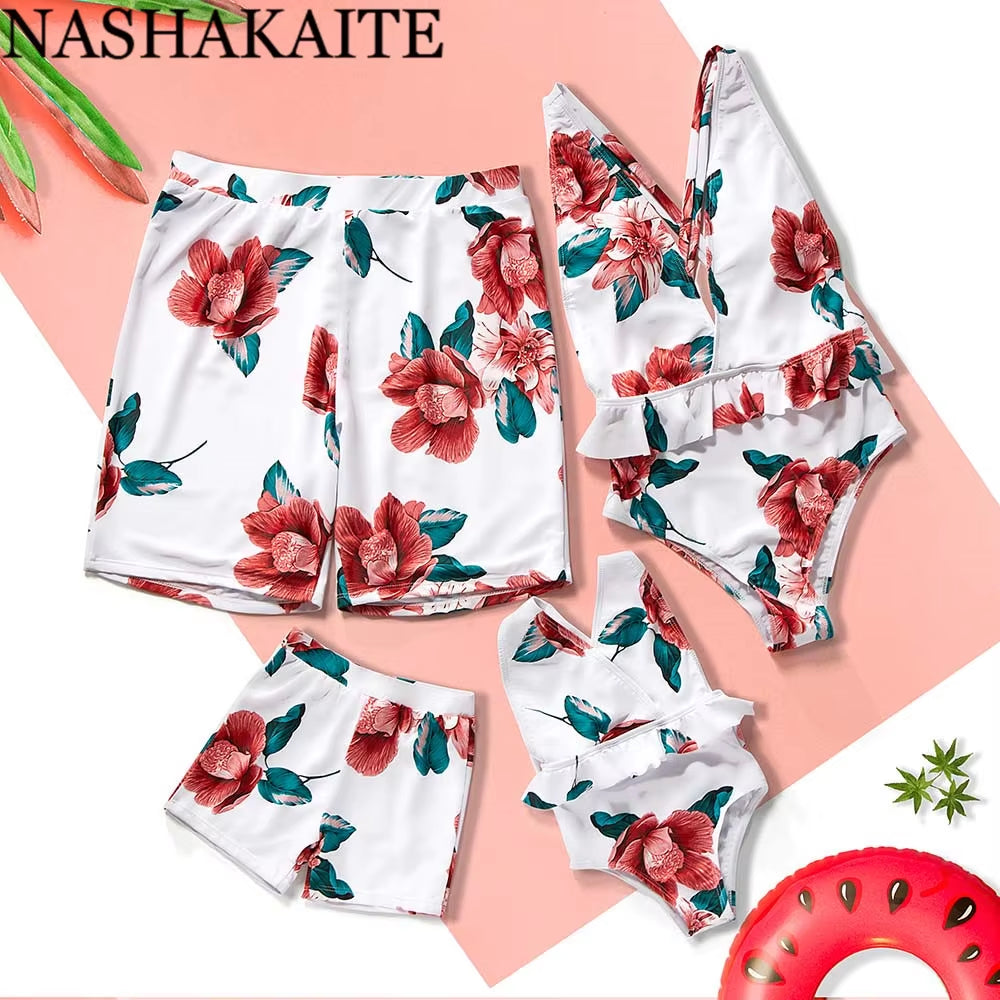 Family Look Floral V-Neck Dress Design Swimsuit for Mother Daughter Family Matching Clothes Mommy and Me Swimsuit