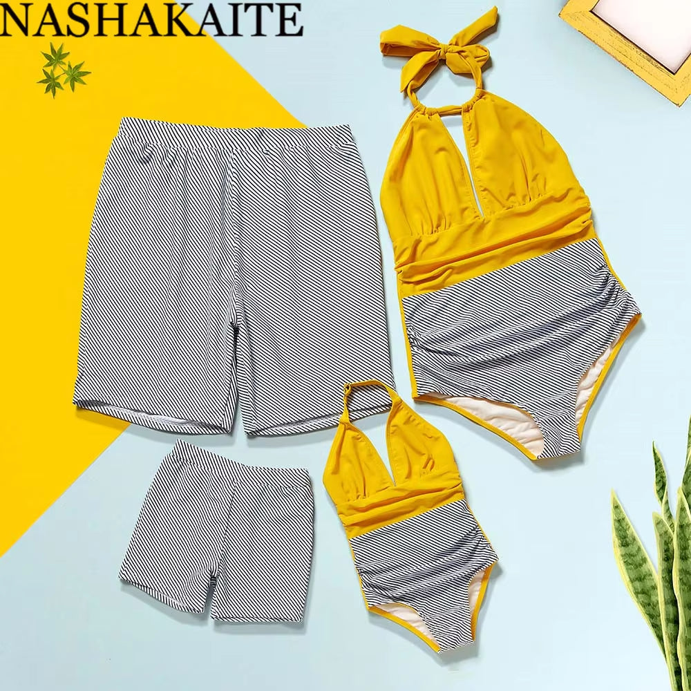 Family Swimsuit Patchwork Halter Bandage Matching Swimwear for Mom Daughter Dad Son Stripe Swimming Trunk Family Look