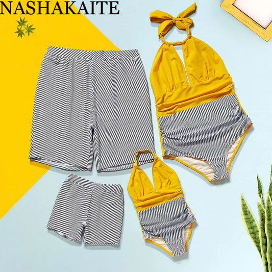Family Swimsuit Patchwork Halter Bandage Matching Swimwear for Mom Daughter Dad Son Stripe Swimming Trunk Family Look