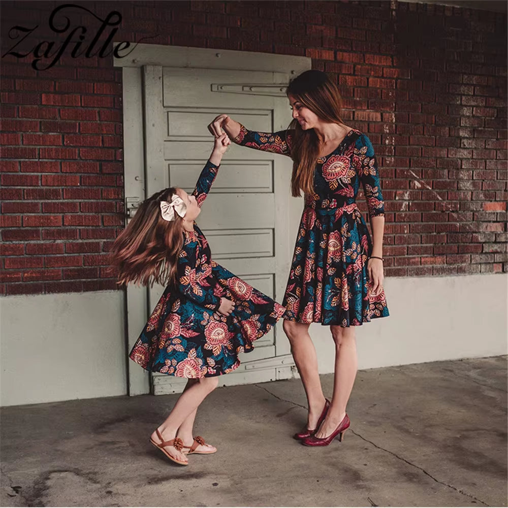 Mother and Daughter Matching Dress Three Quarter Spring Floral Mini Me Family Matching Outfits Mom and Daughter Clothes