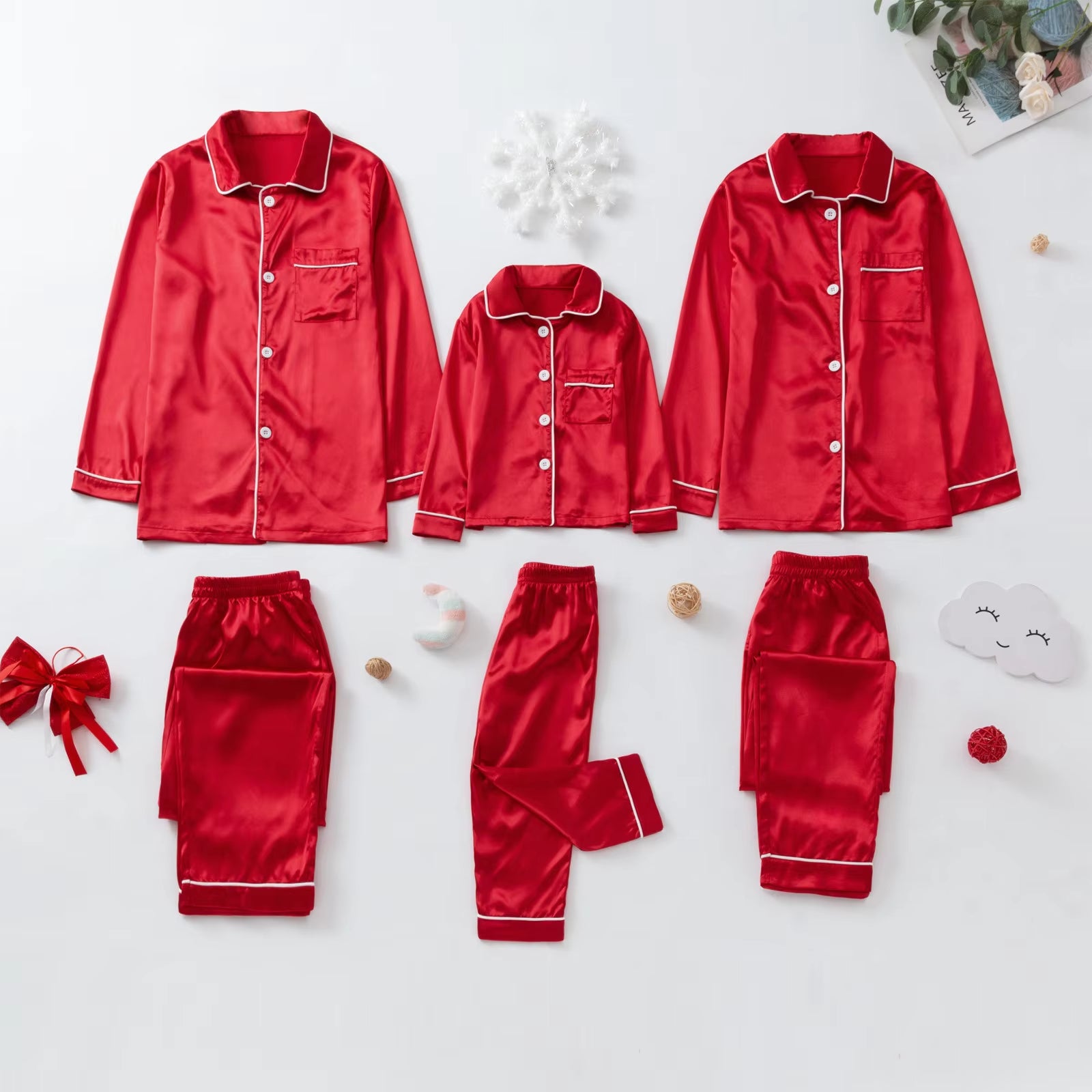 Christmas Satin Pajamas Family Matching Outfits Xmas Sleepwear Shirts Pants Set for Family Navidad Pijamas Navidad Para Familias